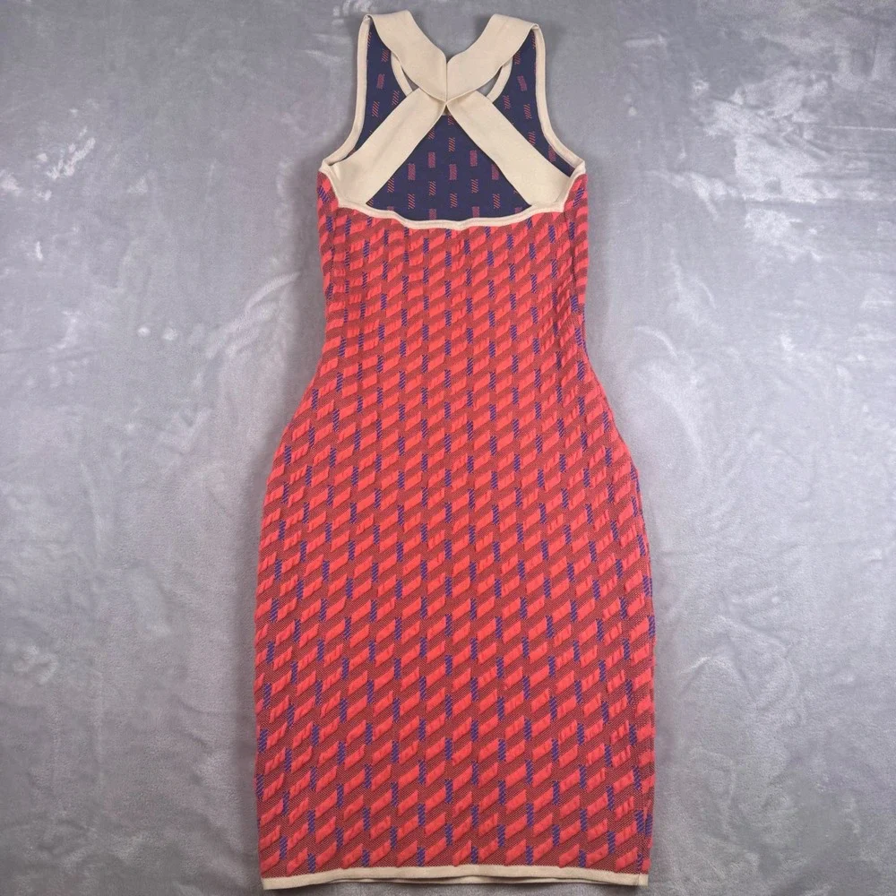 Jonathan Simkhai Womens Coral Navy Geometric Knit Criss Cross Back Midi‎ Dress S